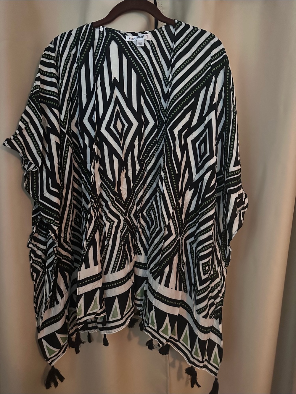 Say What? Black & White Geometric Kimono Tunic with Tassels